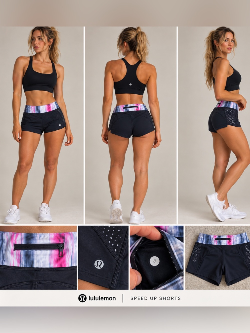 lululemon Black Speed Up Shorts with Pink & Purple Tie-Dye Waistband